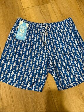 NWT Bermies Blue Seahorse-Print Swim Trunks